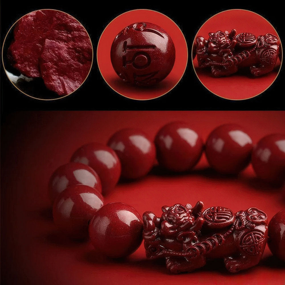 Détails des matériaux du porte-bonheur chinois Feng Shui : cinabre, perle mantra et Pixiu.