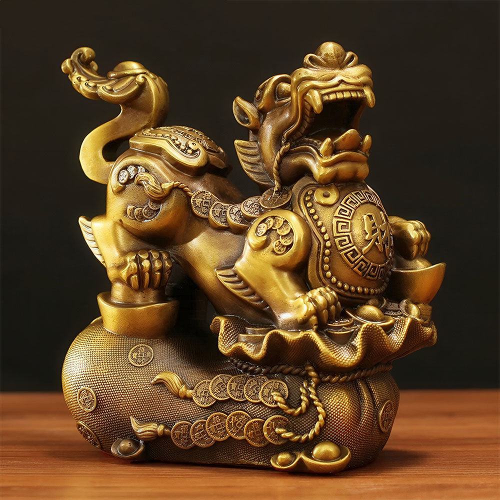Statue du Lion Gardien Chinois en cuivre avec un lingot, pour attirer l'abondance et la grande fortune.