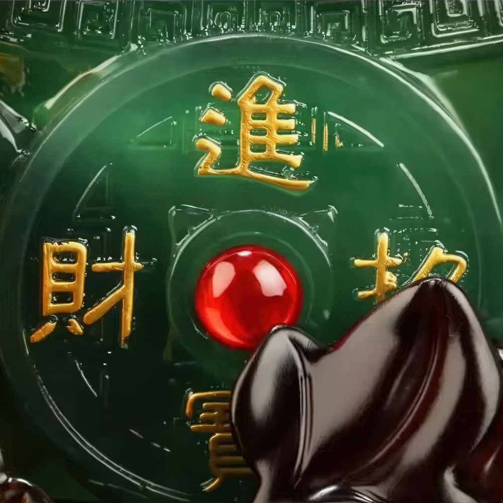 Détail de la sapèque "Zhao Cai Jin Bao" (Attirer la richesse) sur la statue porte-bonheur.