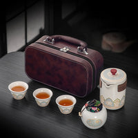 Thumbnail for Élégant service à thé chinois ancien blanc avec sa mallette marron.