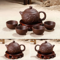 Thumbnail for Service à thé chinois en terre cuite marron, composé d'une théière dragon et de quatre tasses.