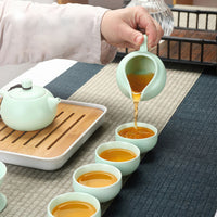 Thumbnail for Gros plan sur les tasses se remplissant d'un thé ambré, mettant en valeur la couleur céladon.